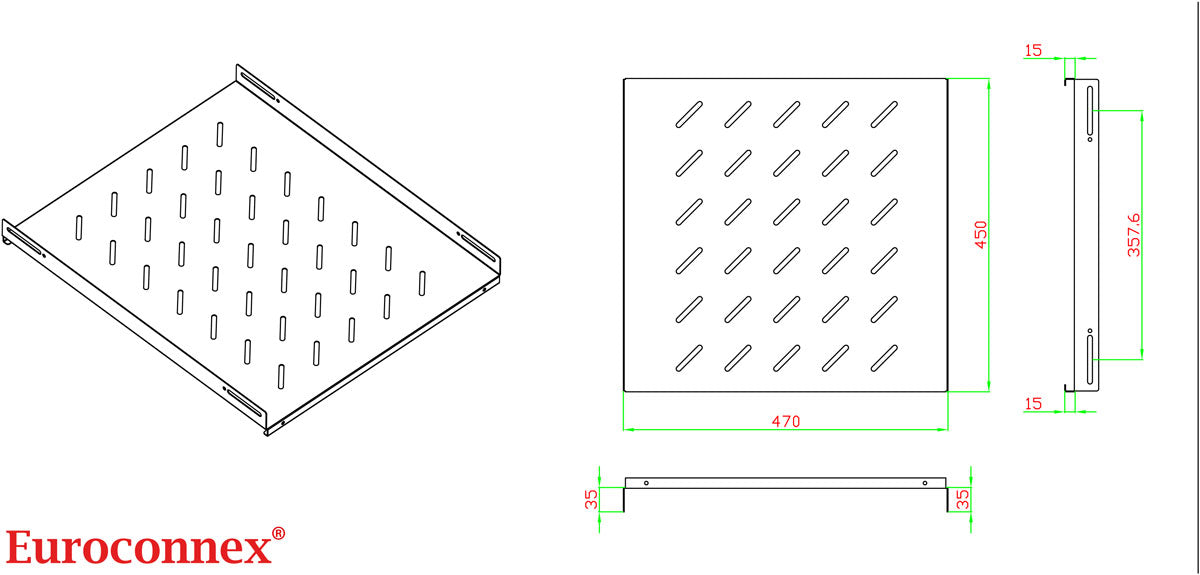 Fixed rack tray for 19" rack, 470mm wide and 450mm deep