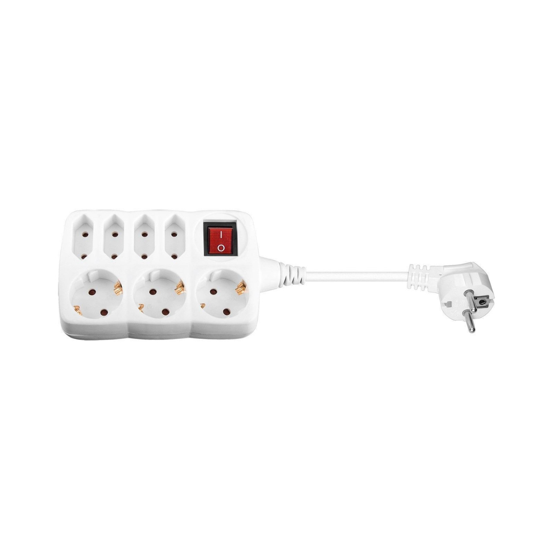 AC Power Strip with Switch 1.5 Meters, White, 7 Sockets