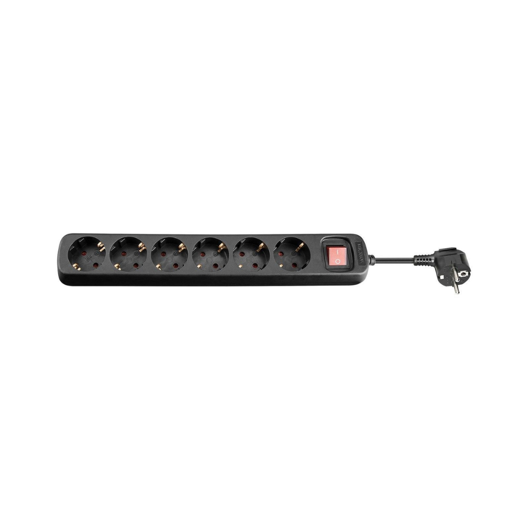 AC Power Strip with Switch 1.5 Meters, Black, 6 Power Strip Sockets