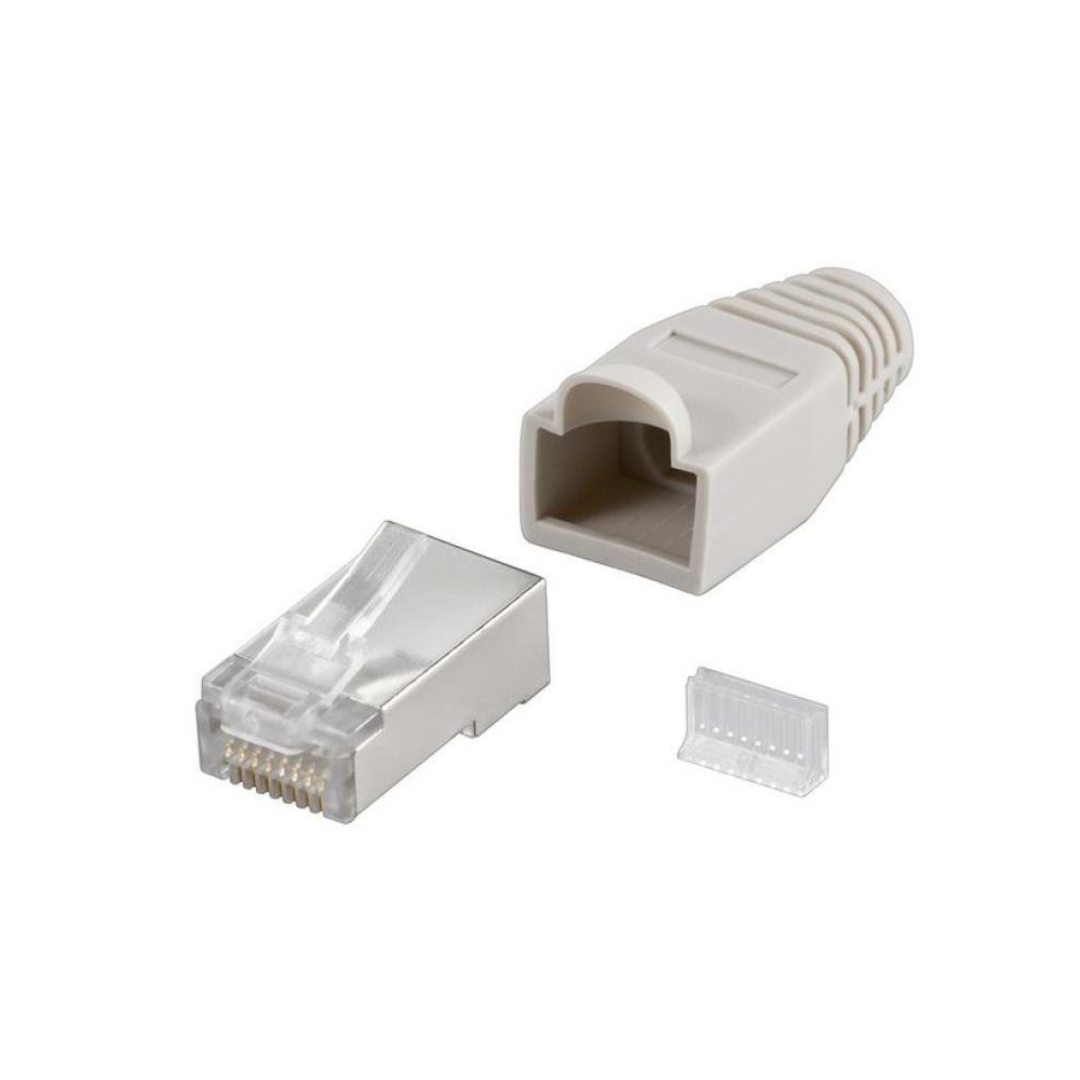 10 Conectores RJ45 Cat5e STP Blindados com Guia e Protetor, Cinza