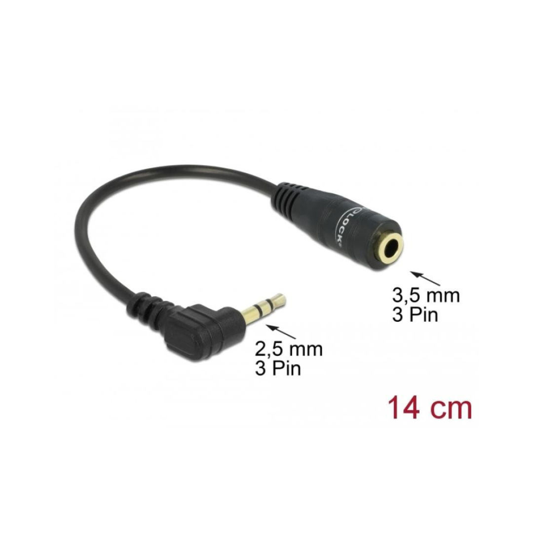 Cabo de áudio estéreo com conector macho de 2,5 mm em ângulo para conector fêmea de 3,5 mm com 3 pinos e 14 cm de comprimento.