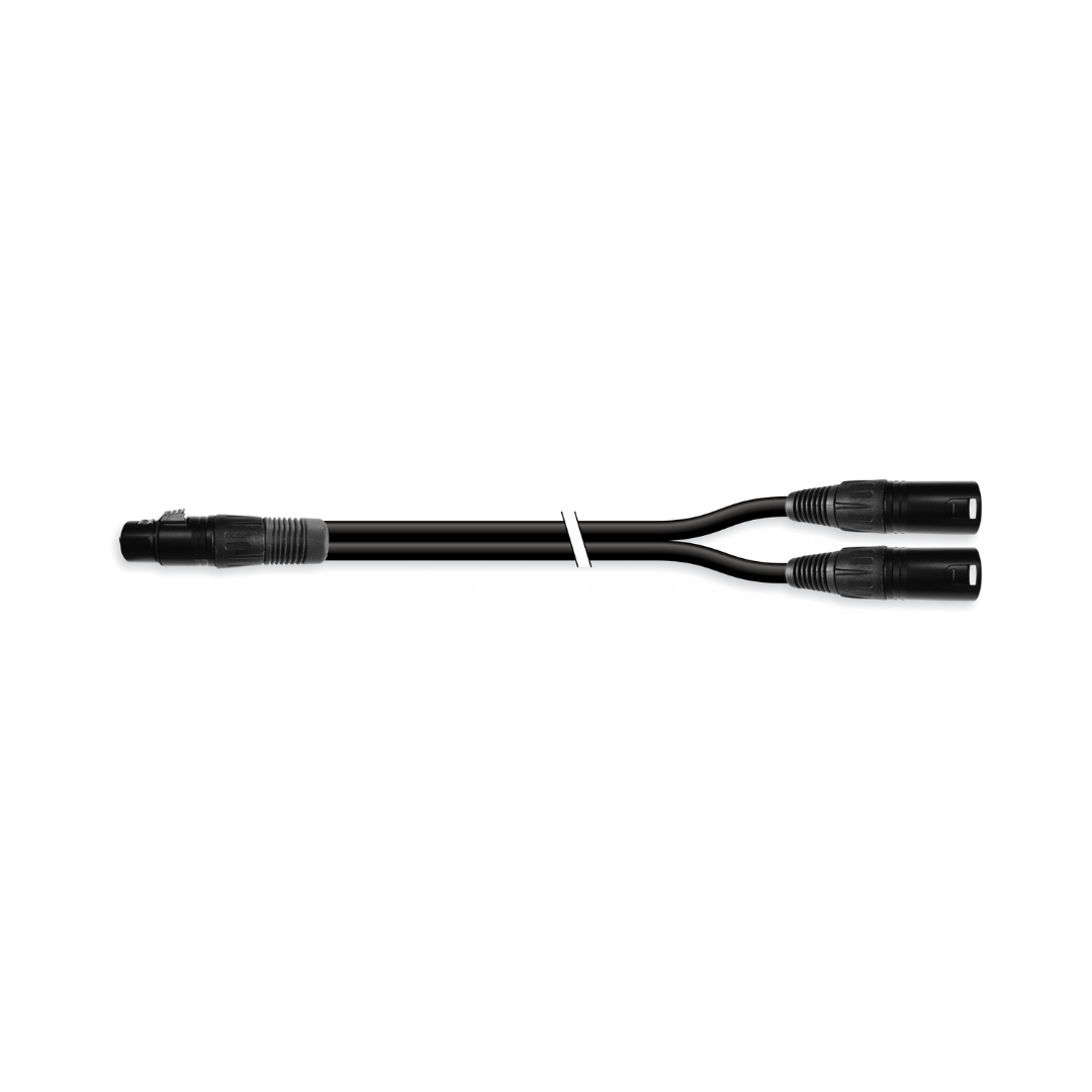 Adaptador divisor de 1 XLR fêmea para 2 machos, 20 cm, com conectores metálicos.