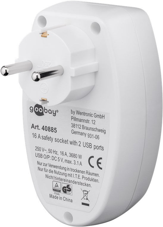 16A Safety Socket with Two USB Ports (Type A) 3.1A