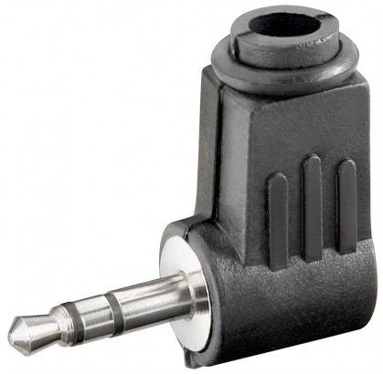 Conector mini jack estéreo macho de 3,5 mm angulado para soldadura.