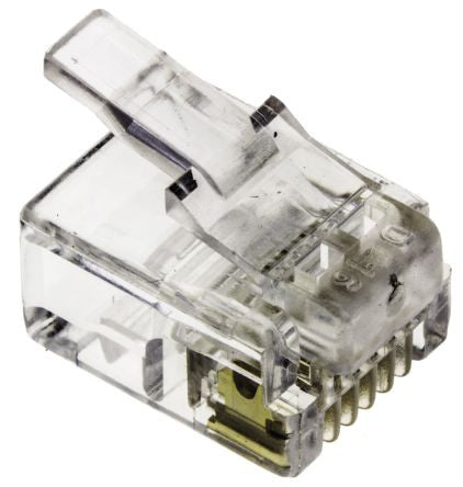 Conectores RJ11 modulares em embalagem de 10 unidades.