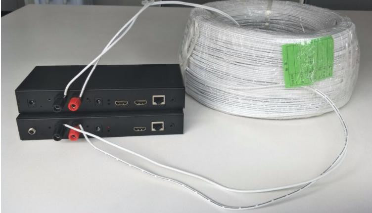 Kit extensor HDMI com cabo de 2 polos, alcance até 3800 m e resolução 1080p.