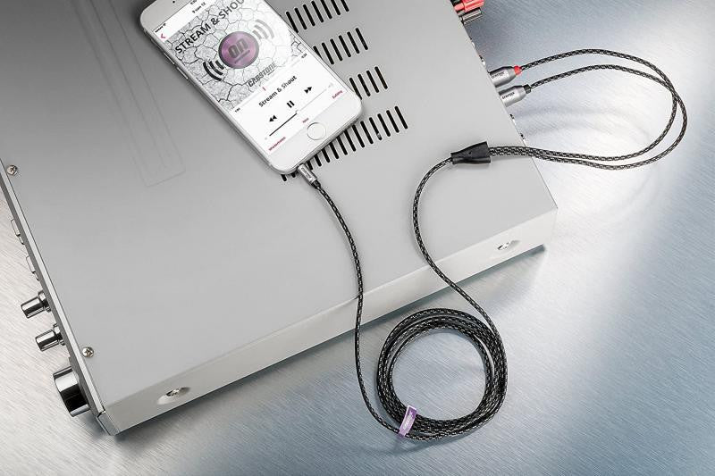 Cabo estéreo de 3,5 mm (minijack) para 2 conectores RCA para colunas e sistemas de alta fidelidade.