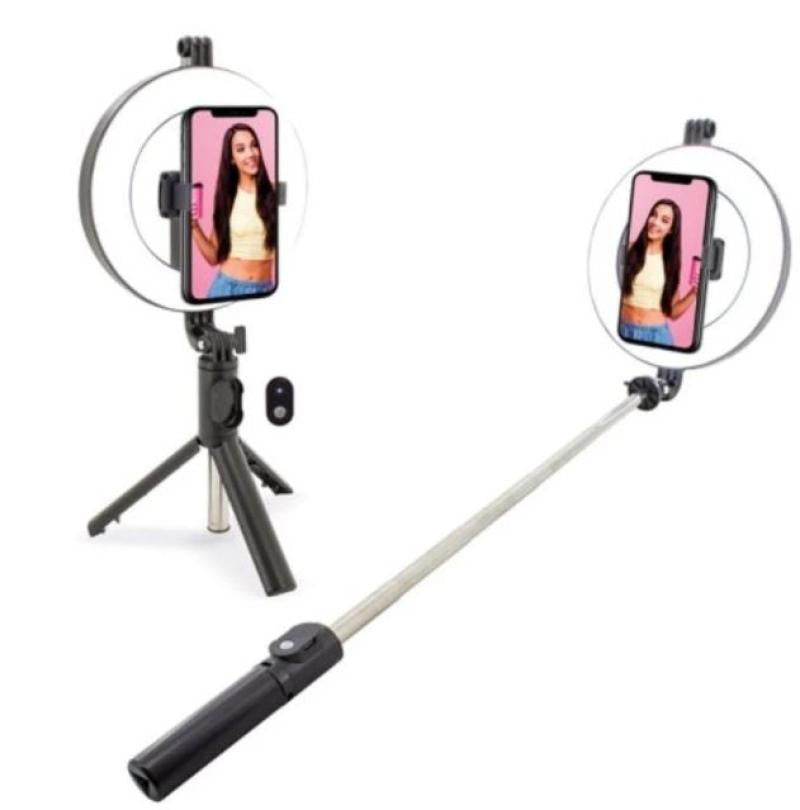 Aro de Luz Hispanica HE B-388 Influencer Travel/ Función Trípode y Selfie Stick/ Incluye Adaptador Cámara Acción