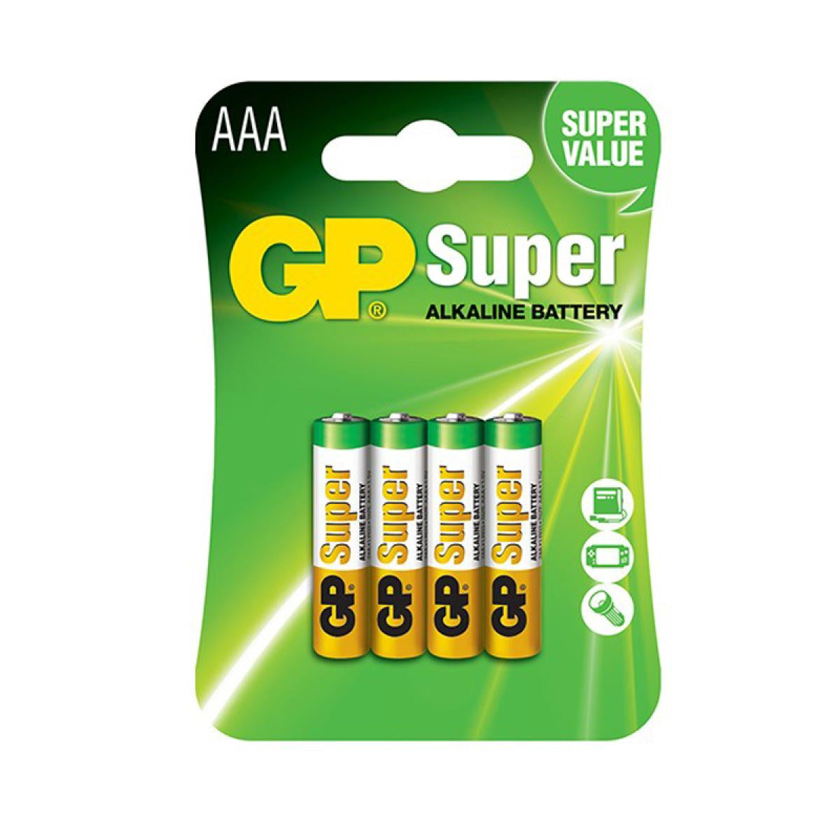 Pilhas alcalinas GP Super Model AAA 1,5V. Embalagem blister com 4 unidades.