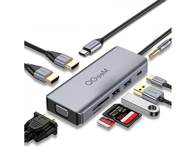 Dock Station USB C com 2x HDMI, 2x USB, 1x VGA, 1x PD Tipo C, 1x SD, 1x microSD e 1x entrada para auscultadores de 3,5 mm.