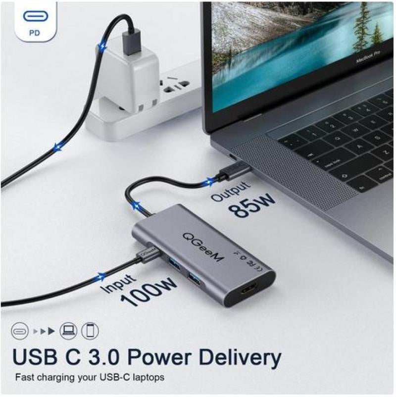 Dock Station USB-C com 3 portas USB 3.0 / 100W PD3.0, 4K HDMI, Display HD, SD, TF - Cinzento, 3.1 Tipo C