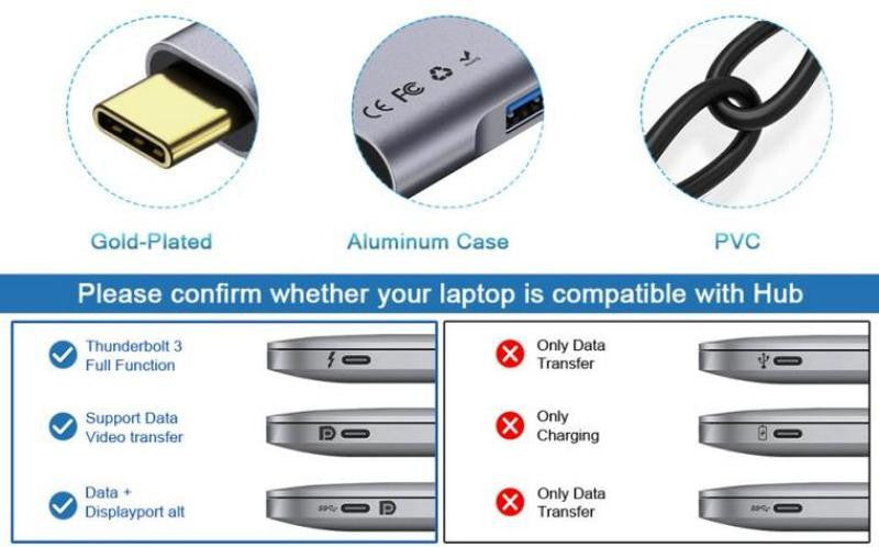 Dock Station USB-C com 3 portas USB 3.0 / 100W PD3.0, 4K HDMI, Display HD, SD, TF - Cinzento, 3.1 Tipo C