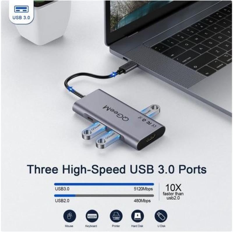 Dock Station USB-C com 3 portas USB 3.0 / 100W PD3.0, 4K HDMI, Display HD, SD, TF - Cinzento, 3.1 Tipo C