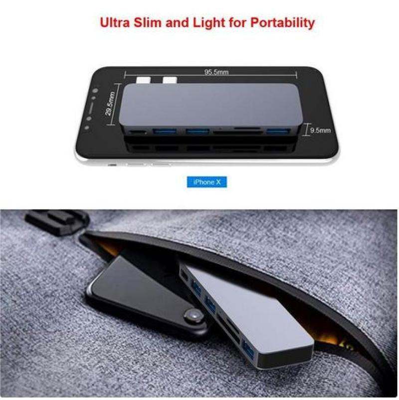 Hub USB com 2 portas USB-A, 3 portas USB, porta Thunderbolt e leitor de cartões SD/Micro SD.