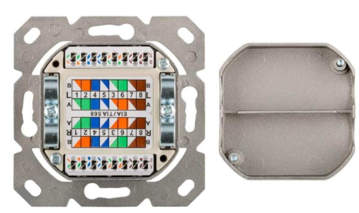 Caixa de parede universal CAT 6a com moldura de montagem UTP incluída.