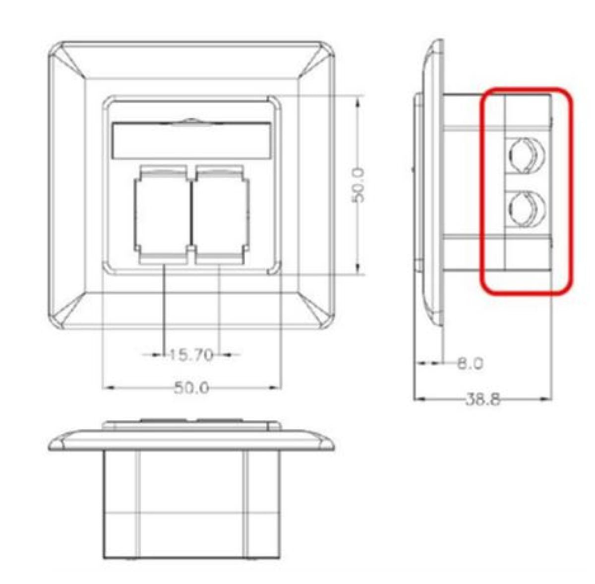 Caixa de parede universal CAT 6a com moldura de montagem UTP incluída.