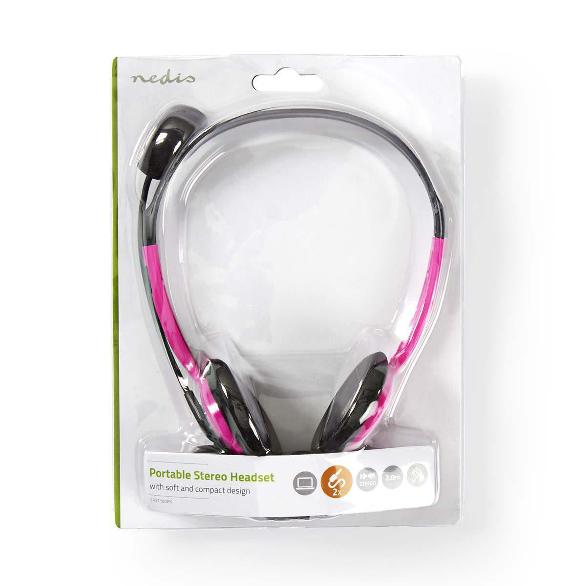 Auscultadores para PC | Headset com 2 conectores de 3,5 mm, cabo de 2,0 m, cor-de-rosa