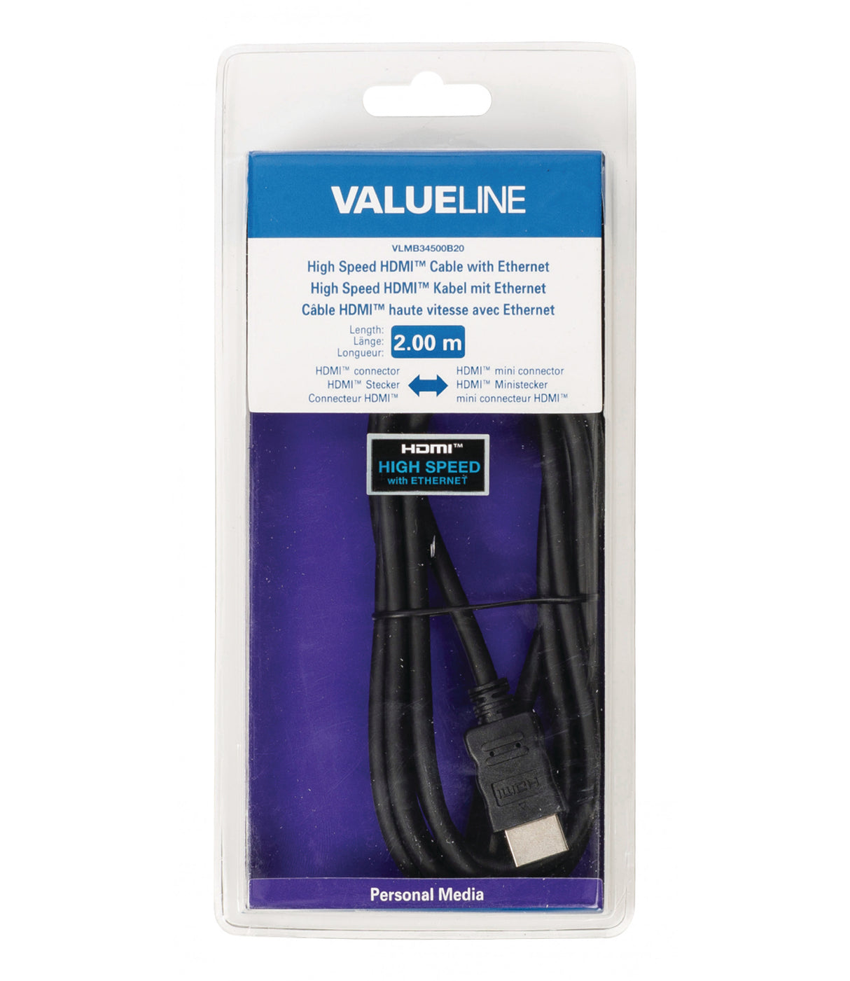 Cabo HDMI de alta velocidade com conector Mini HDMI de 2,00 m em preto.