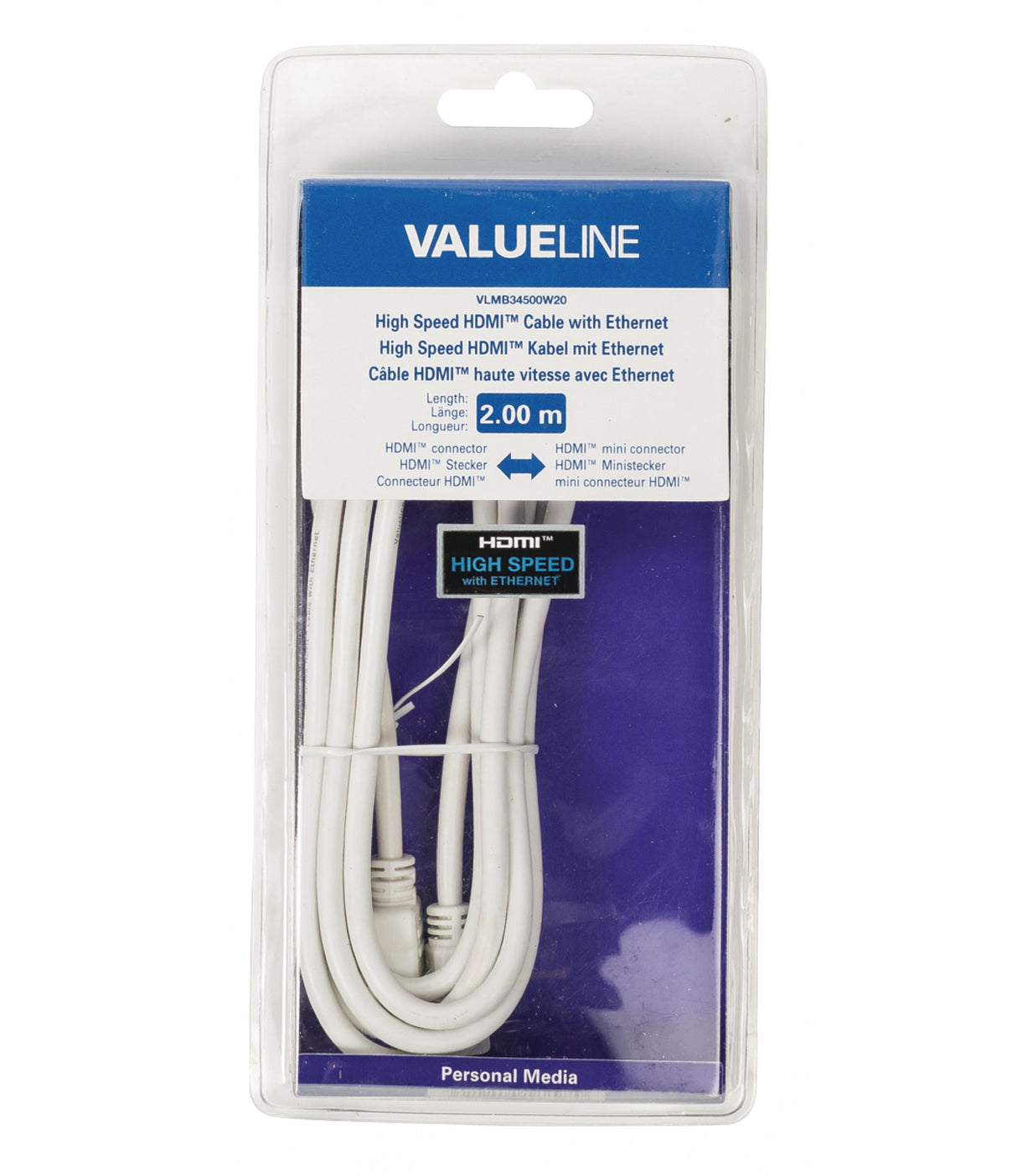 High Speed HDMI Cable with Ethernet Connector - Mini 2.00 m in White Color