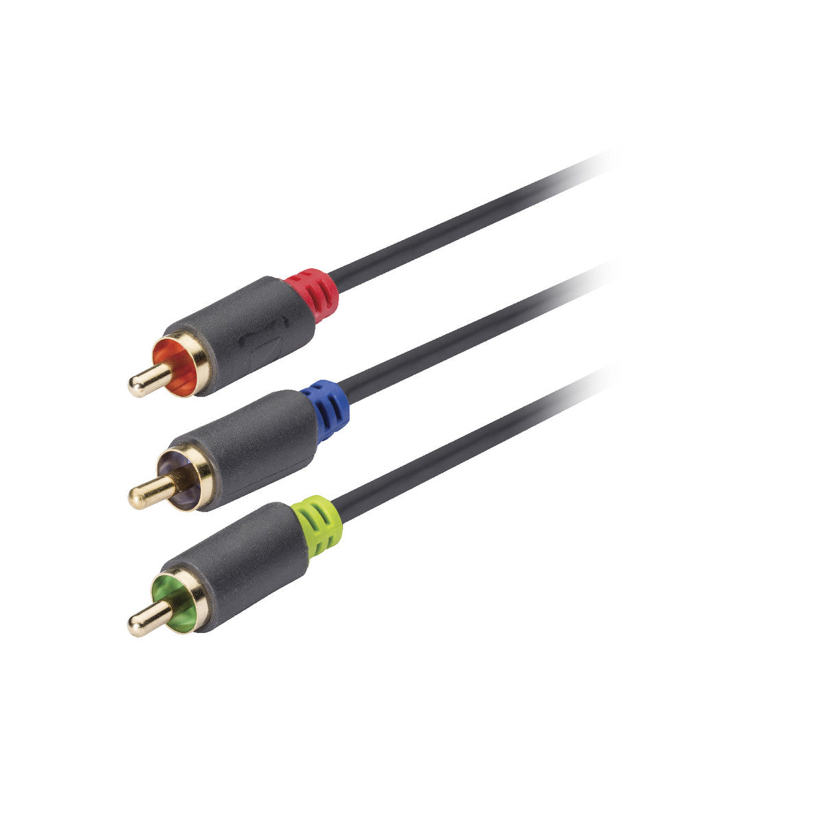 Cabo de vídeo composto com 3 conectores RCA macho, com 2,00 m de comprimento, na cor cinzento.