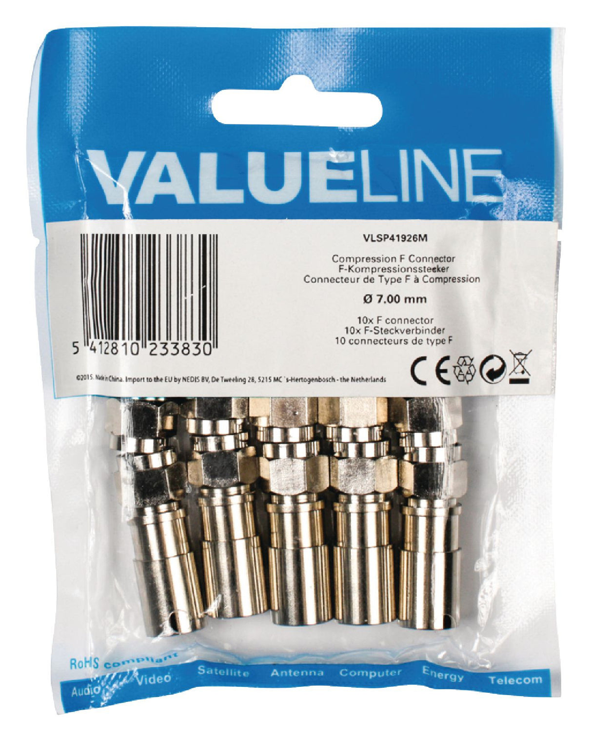 Conector F de compressão com 7,00 mm de diâmetro, composto por 10 peças metálicas *Não categorizado