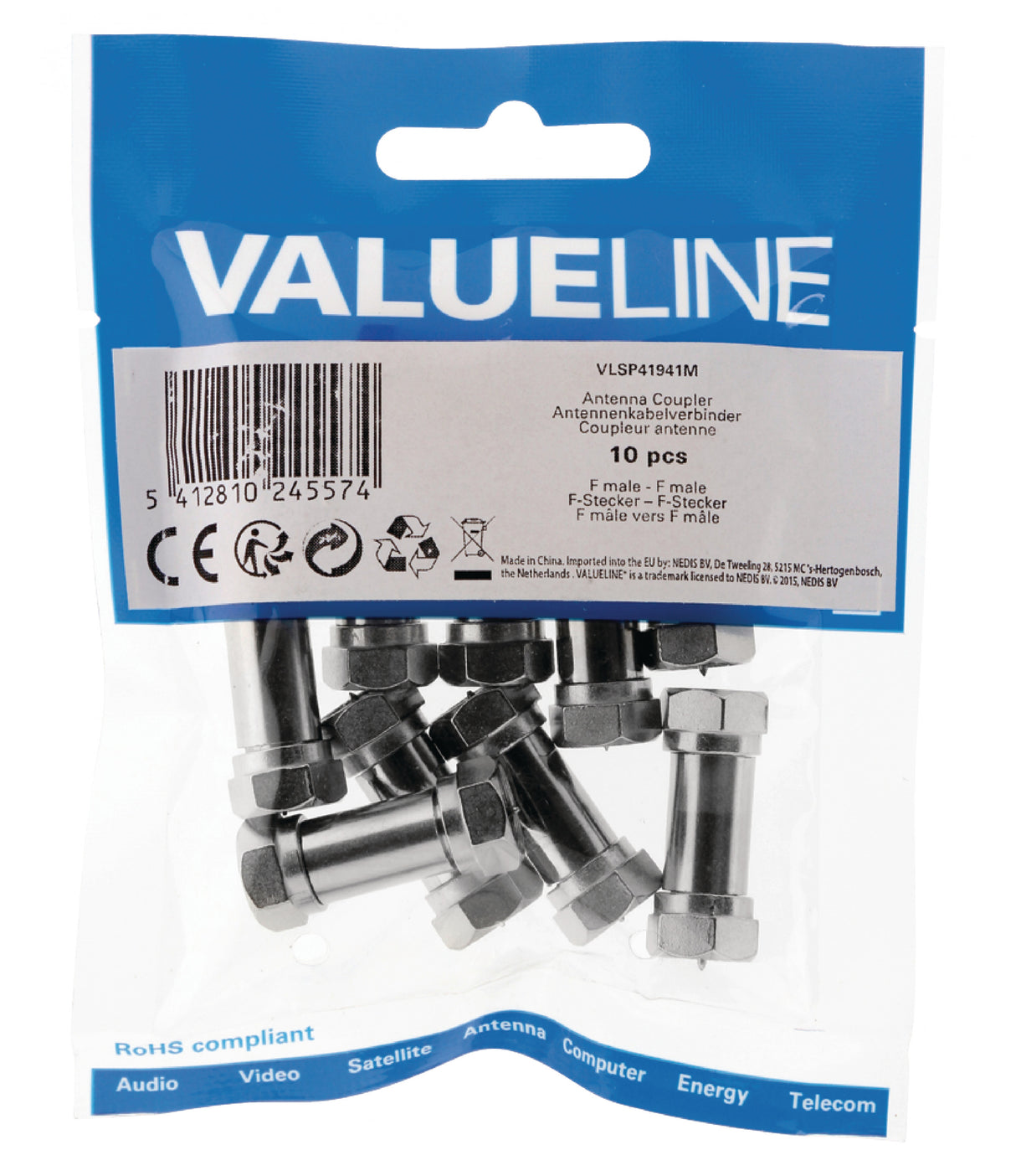 Male F Antenna Coupler - Metallic, 10 Units