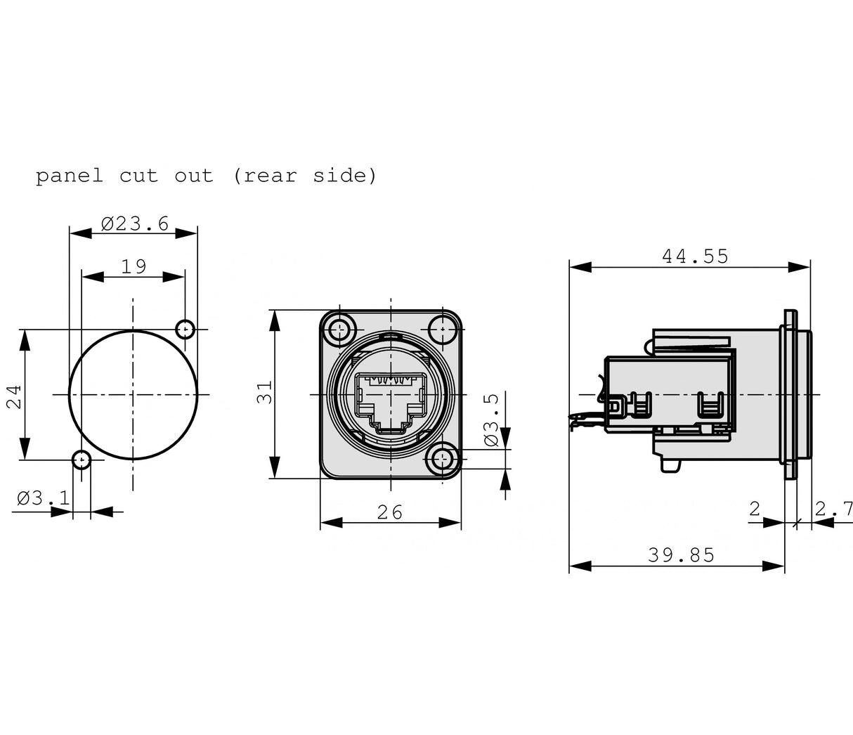 Conector RJ45 para montagem em painel, níquel