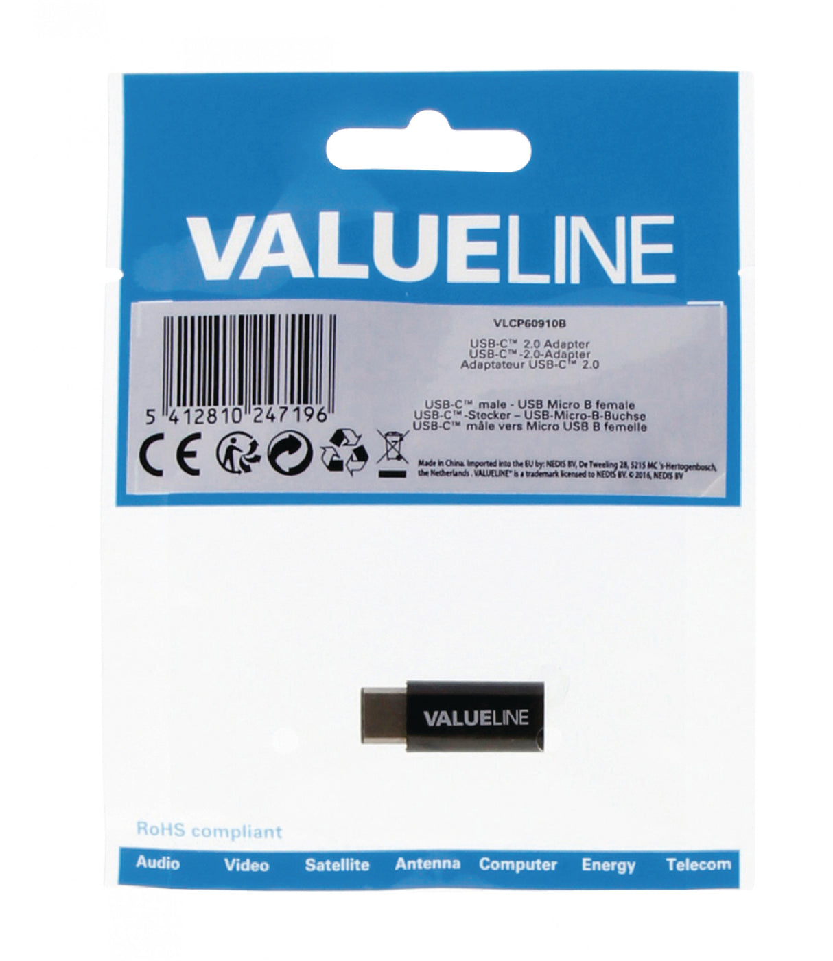 Adaptador USB 2.0 Micro B Fêmea para C Macho, Cabo de 0,15 m, Preto