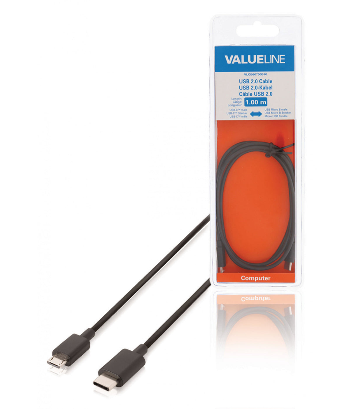 Cabo USB 2.0 Tipo C Macho para Micro B, 1,00 m, Preto