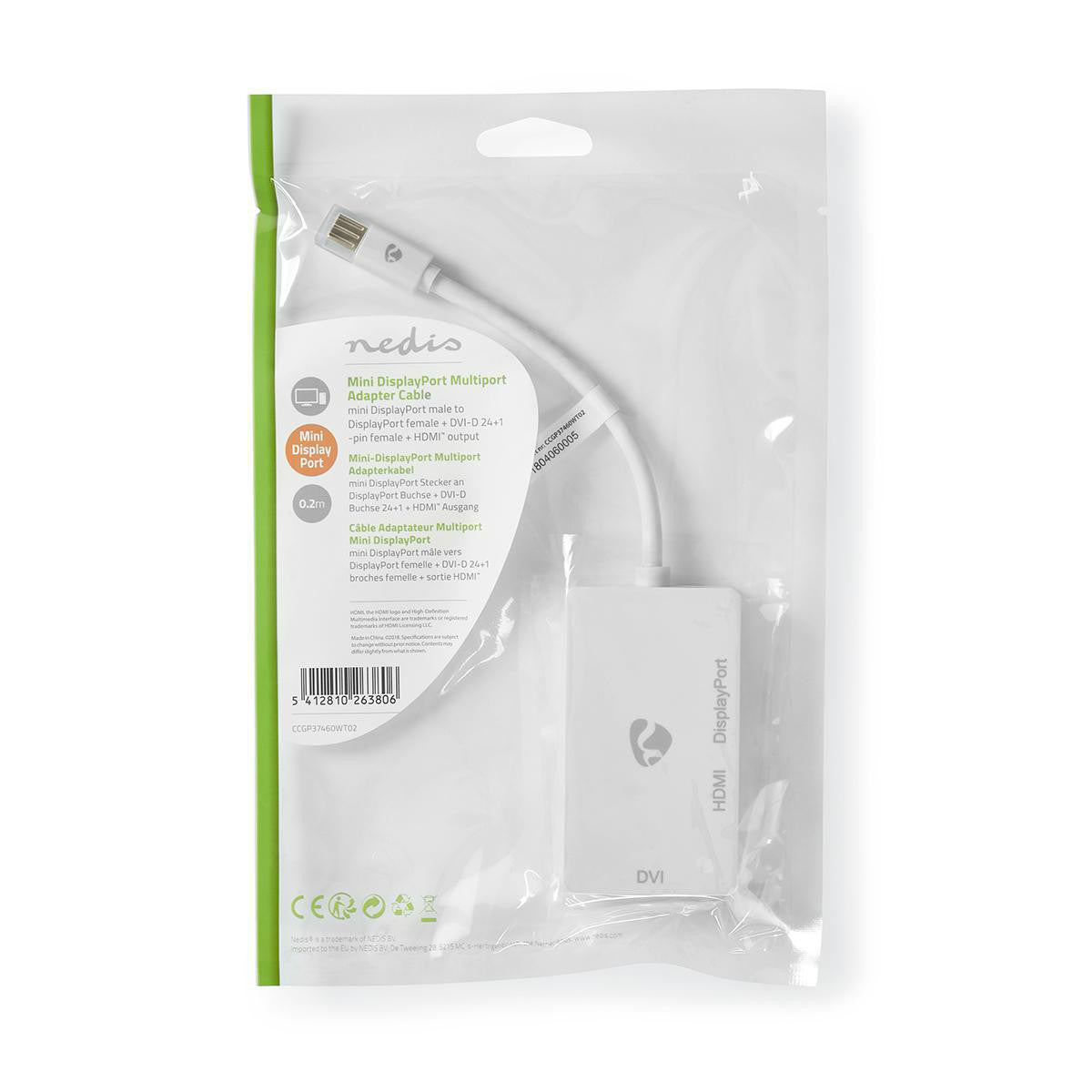 Cabo Adaptador Multiportas Mini DisplayPort | Macho - Fêmea + 24+1 Pinos DVI-D 0,2m Branco