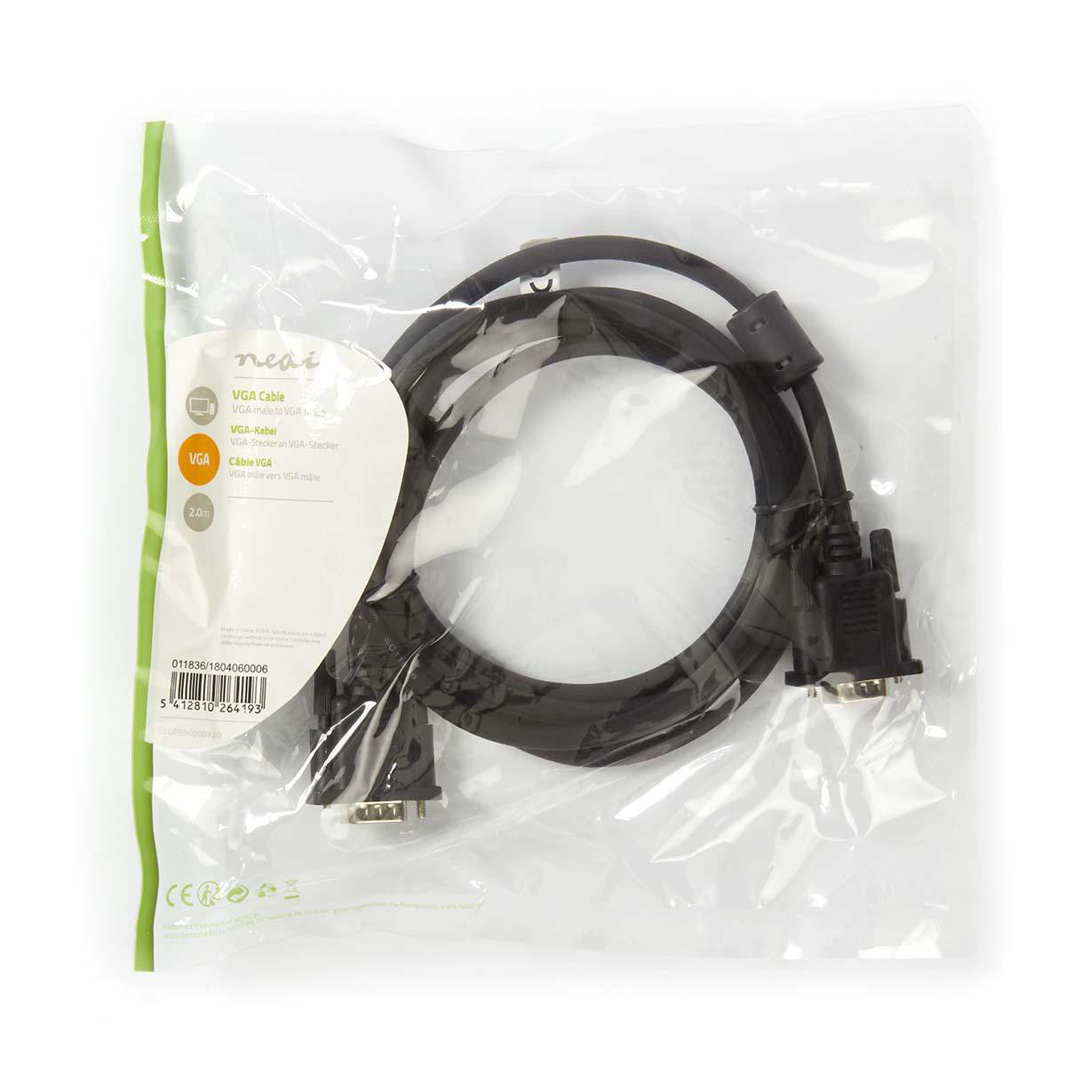 VGA male cable with nickel-plated connectors, 2.00 m in black in a polybag