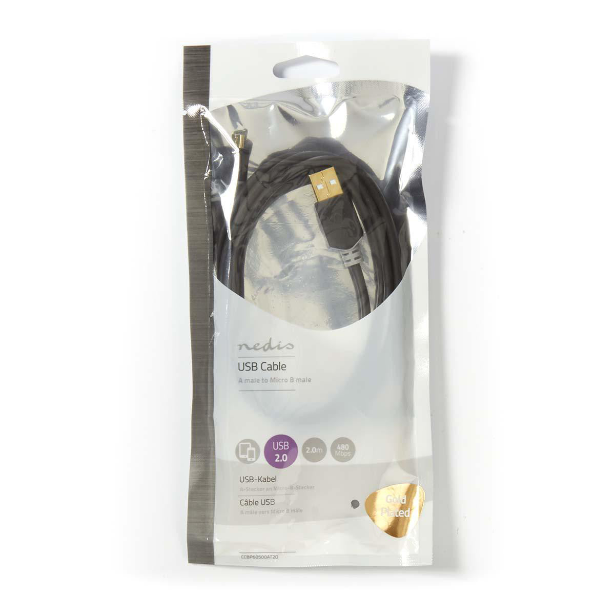 Cabo USB 2.0 banhado a ouro de 2,00 m, USB-A macho para USB Micro-B macho, em estojo.