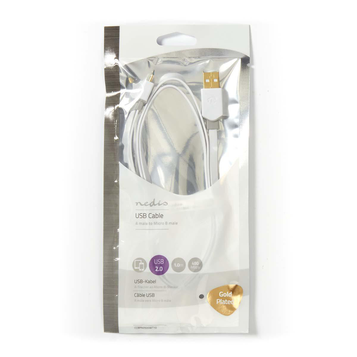 Cabo USB 2.0 plano | Macho A - Micro B 1,0 m Branco