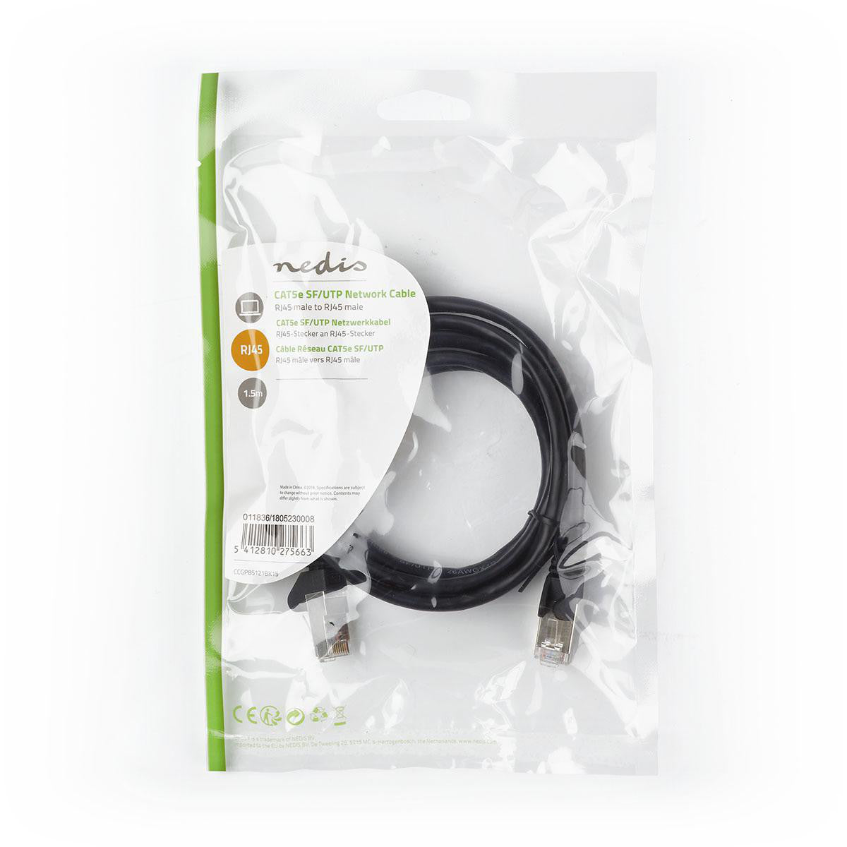 Cabo de rede Cat5e SF/UTP | RJ45 macho - 1,5 m preto