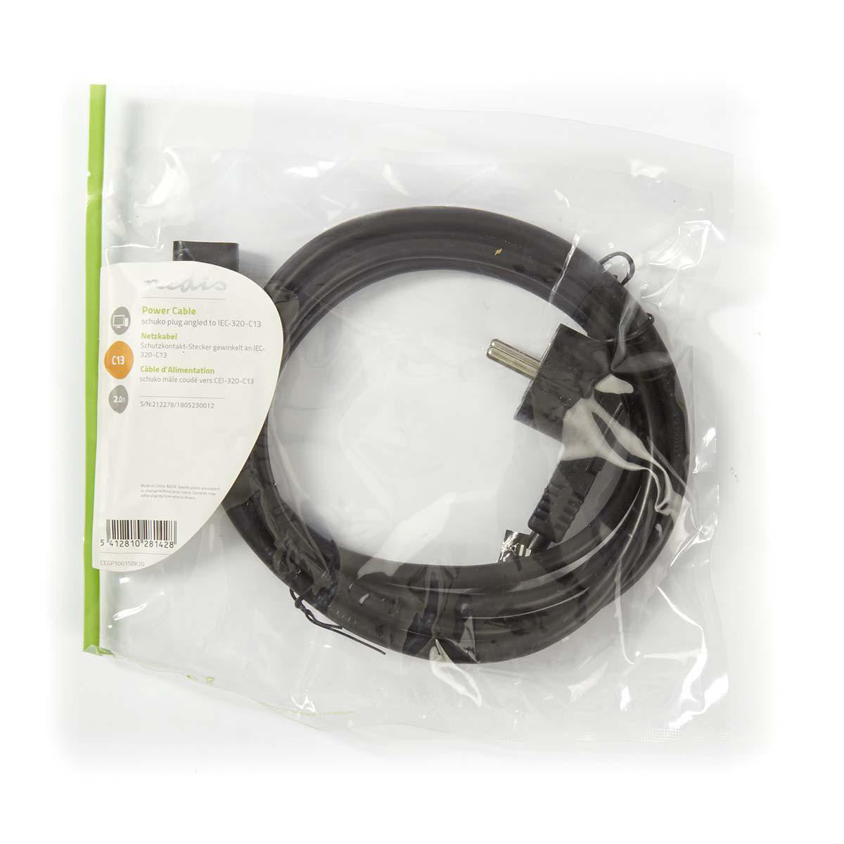 Power Cable 3 x 1.5 mm² | Schuko Male Angled - IEC-320-C13 2.0 m Black