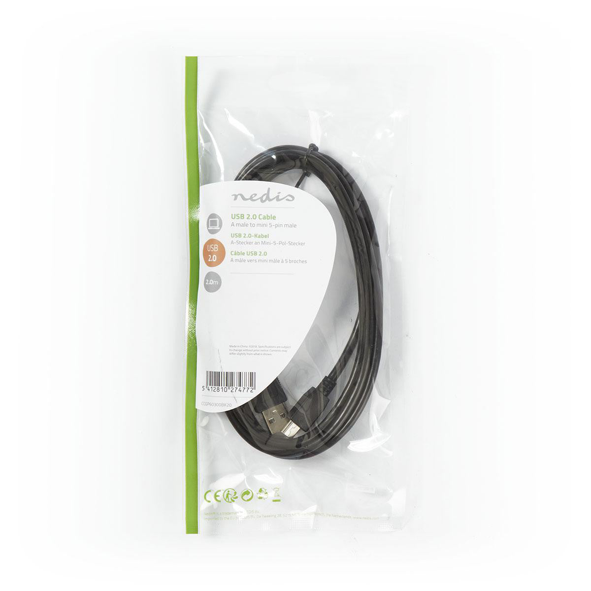 Cabo USB 2.0 | Macho A - Mini USB de 5 pinos, 2,0 m, Preto