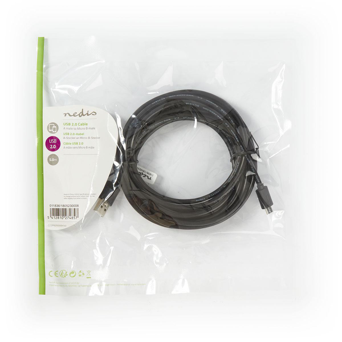 Cabo USB 2.0 | Macho A - Micro B 5,0 m Preto
