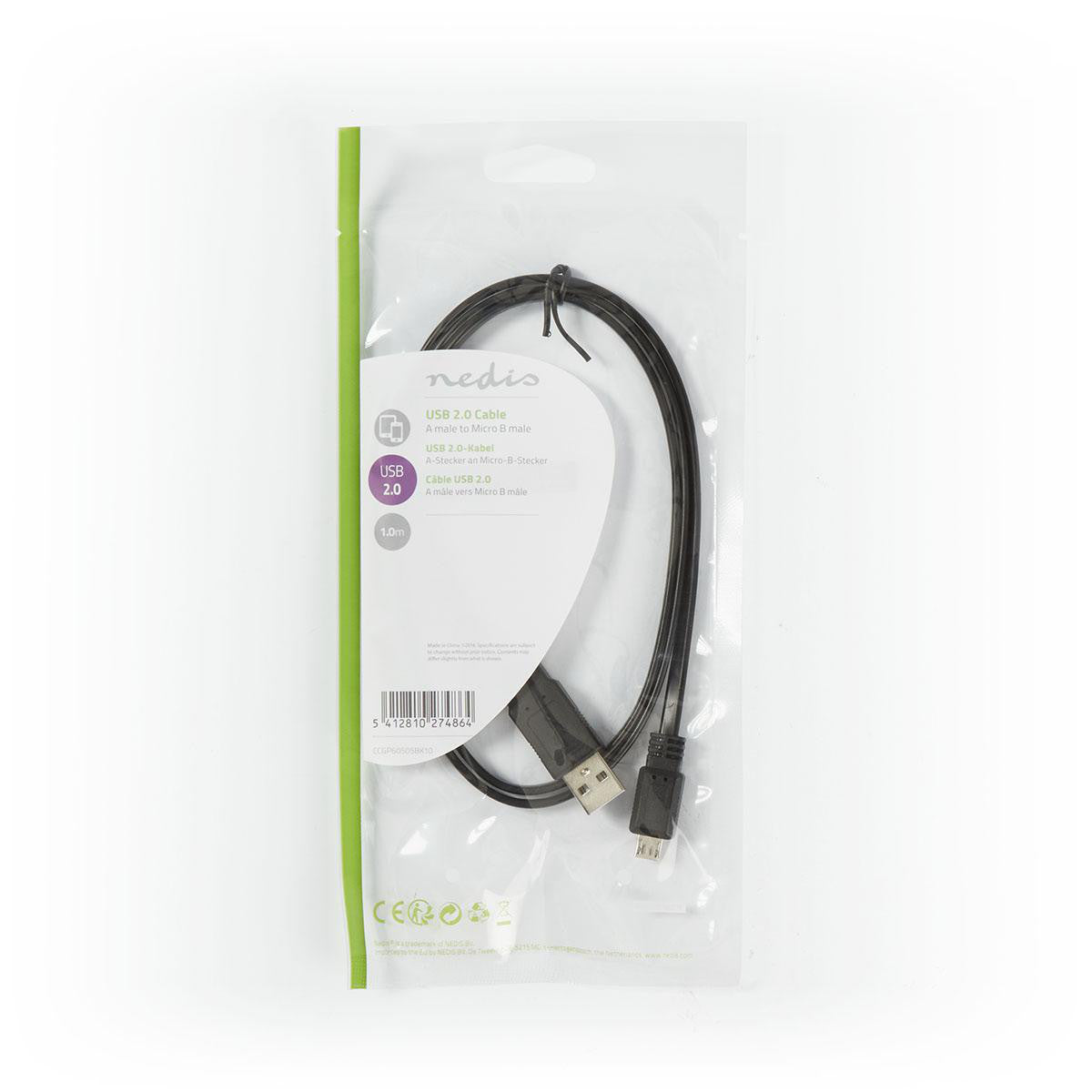 USB 2.0 Flat Cable | A Male - Micro B 1.0 m Black