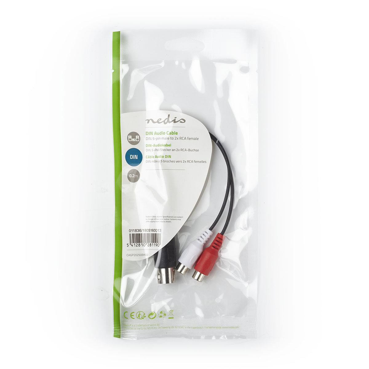 Cabo de áudio DIN | 5 pinos macho - 2x RCA fêmea 0,2 m Preto