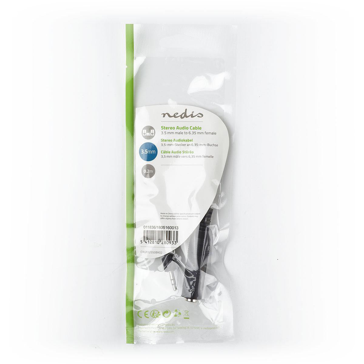 Stereo Audio Cable, 3.5mm Male to 6.35mm Female Jack, 0.2m, Black