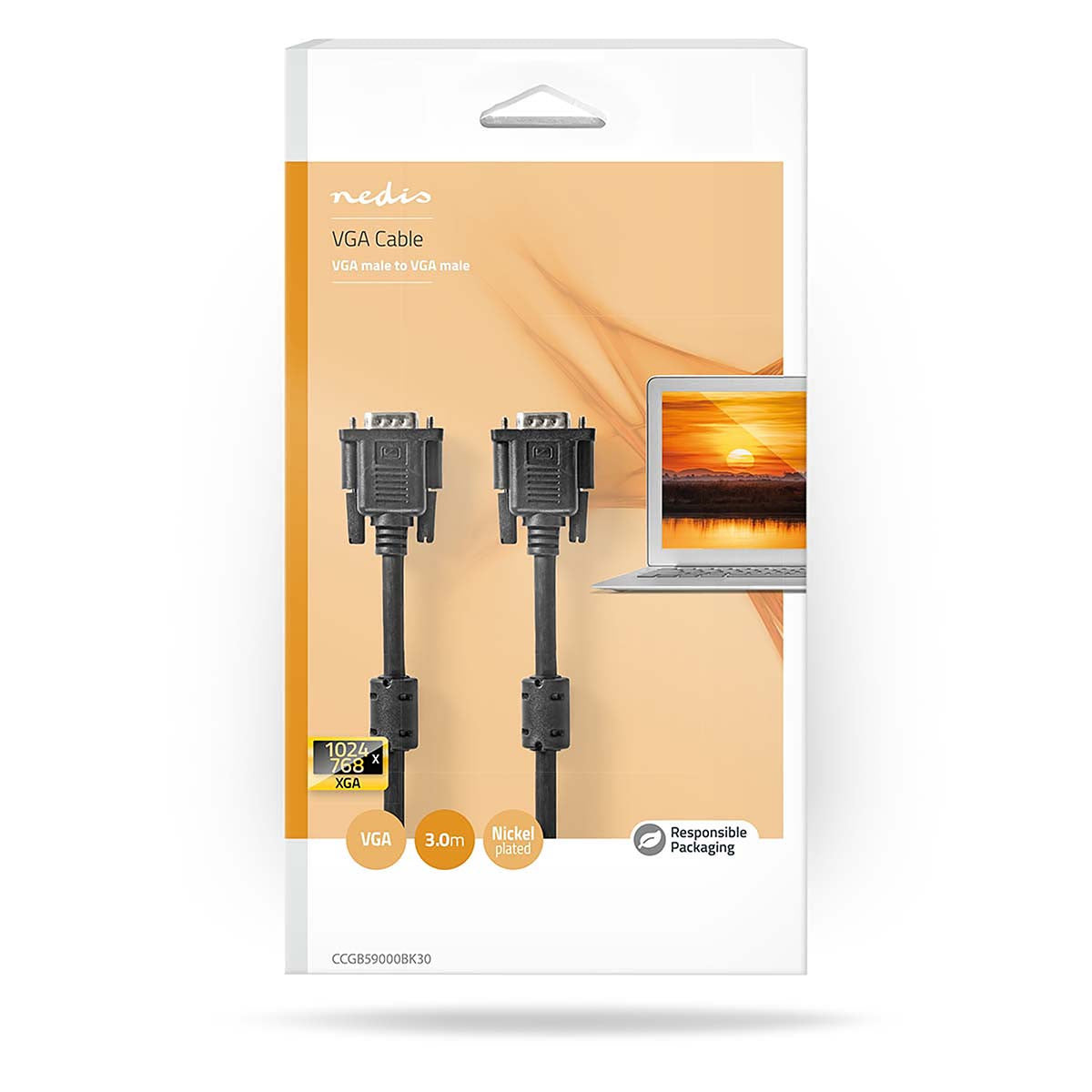 VGA male cable with nickel-plated connectors, 3.00 m in black in box