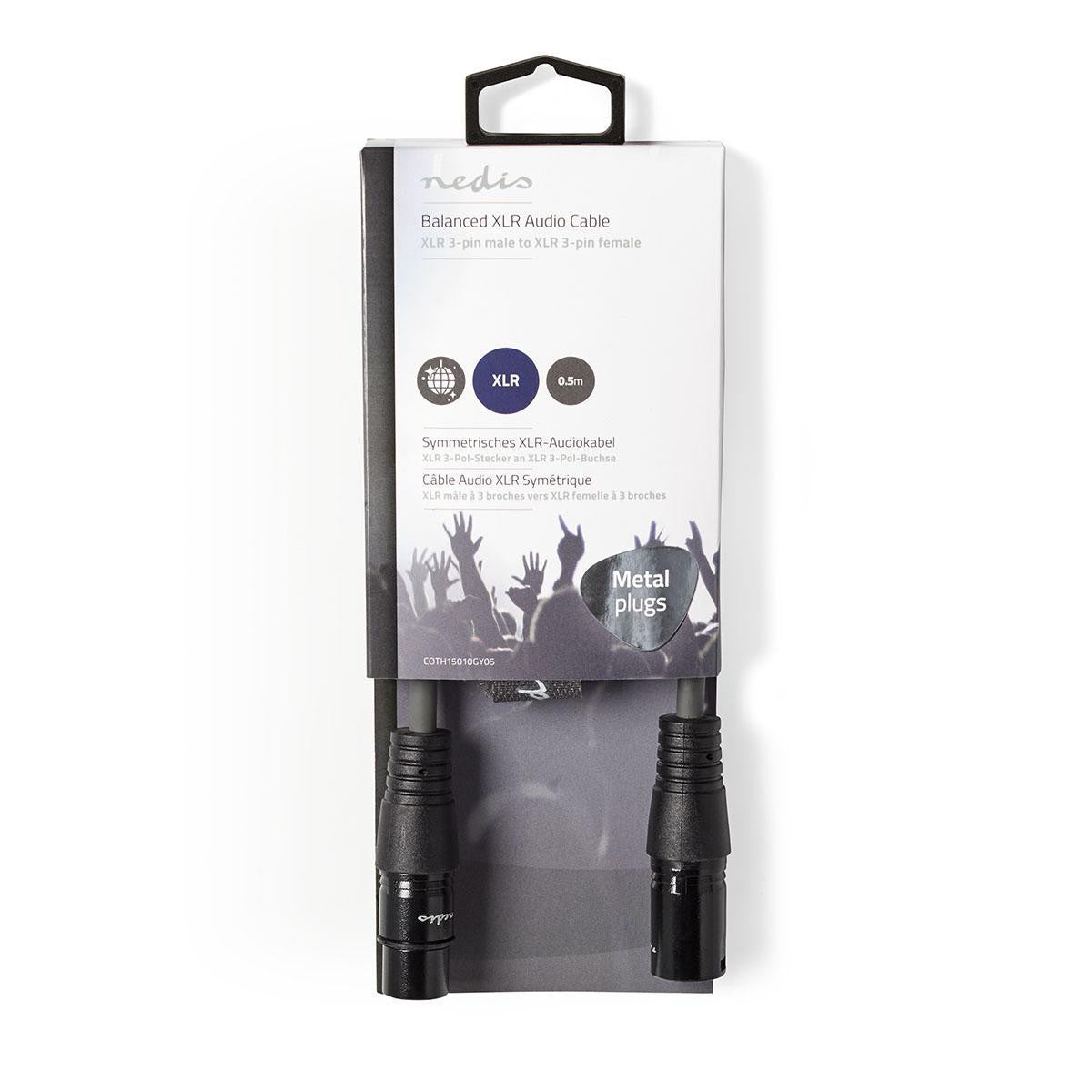 Cabo de áudio XLR compensado | 3 pinos macho - fêmea 0,5 m cinzento