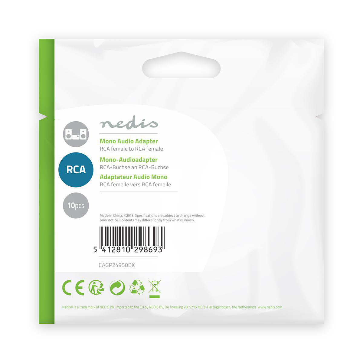 Adaptador de áudio mono | RCA fêmea - 10 unidades preto