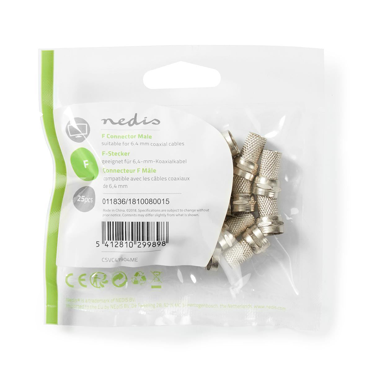 Conector F | Macho para Cabos Coaxiais de 6,4 mm, 25 Peças, Metal