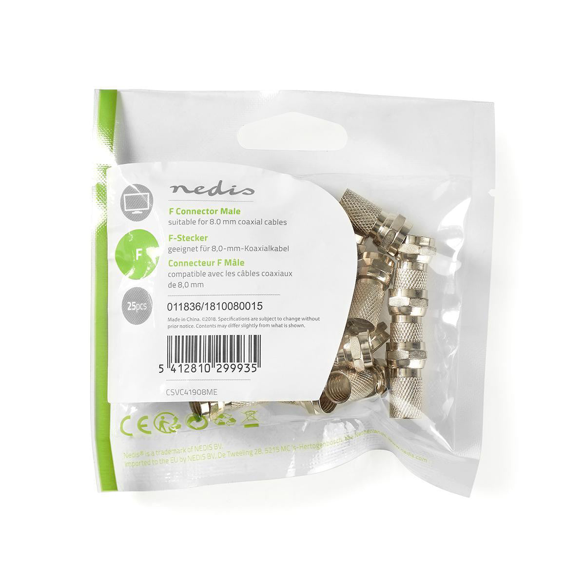 F Connector | Male for 7.5mm Coaxial Cables 25 Pieces Metal