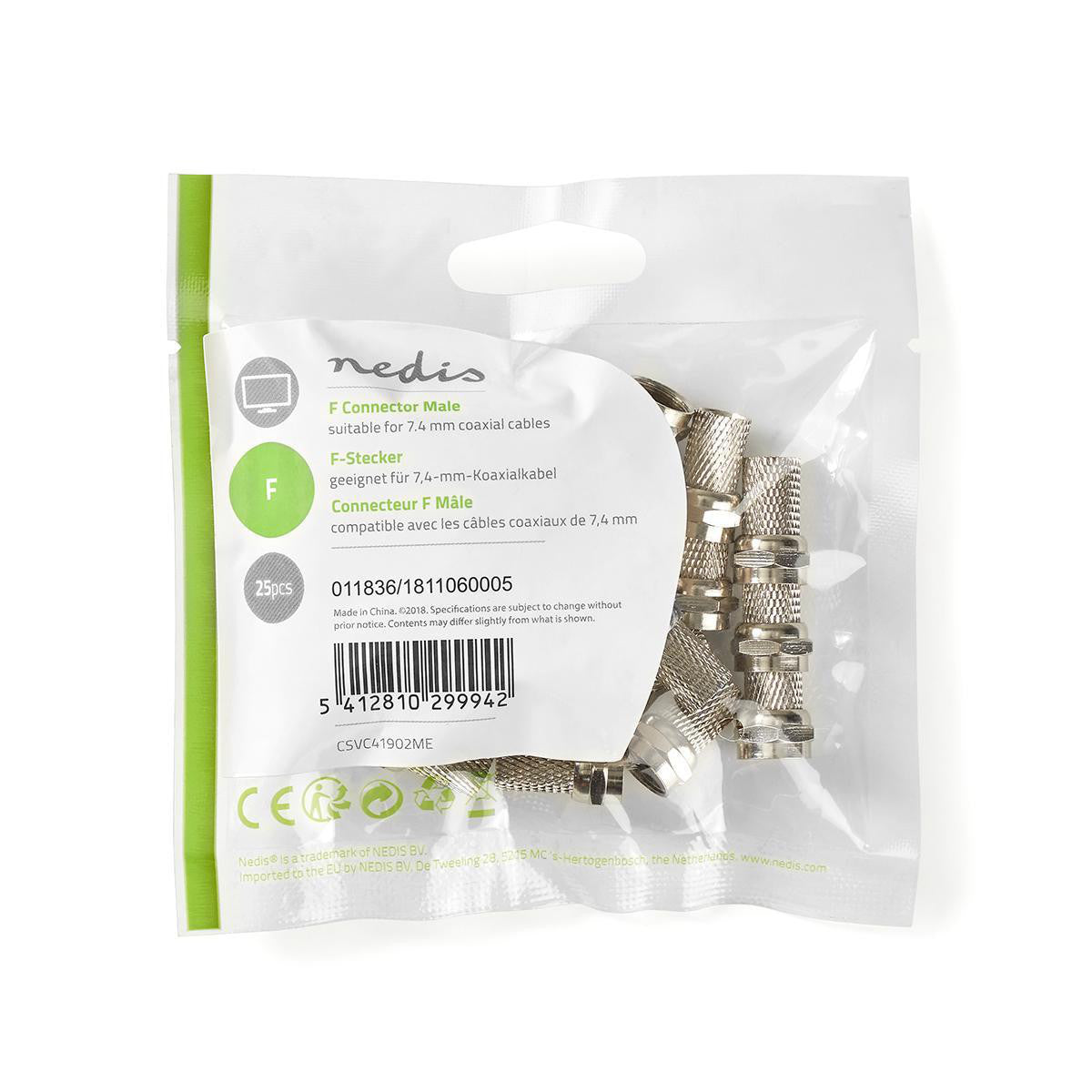 Conector F | Macho para Cabos Coaxiais de 7,4 mm, 25 Peças, Metal