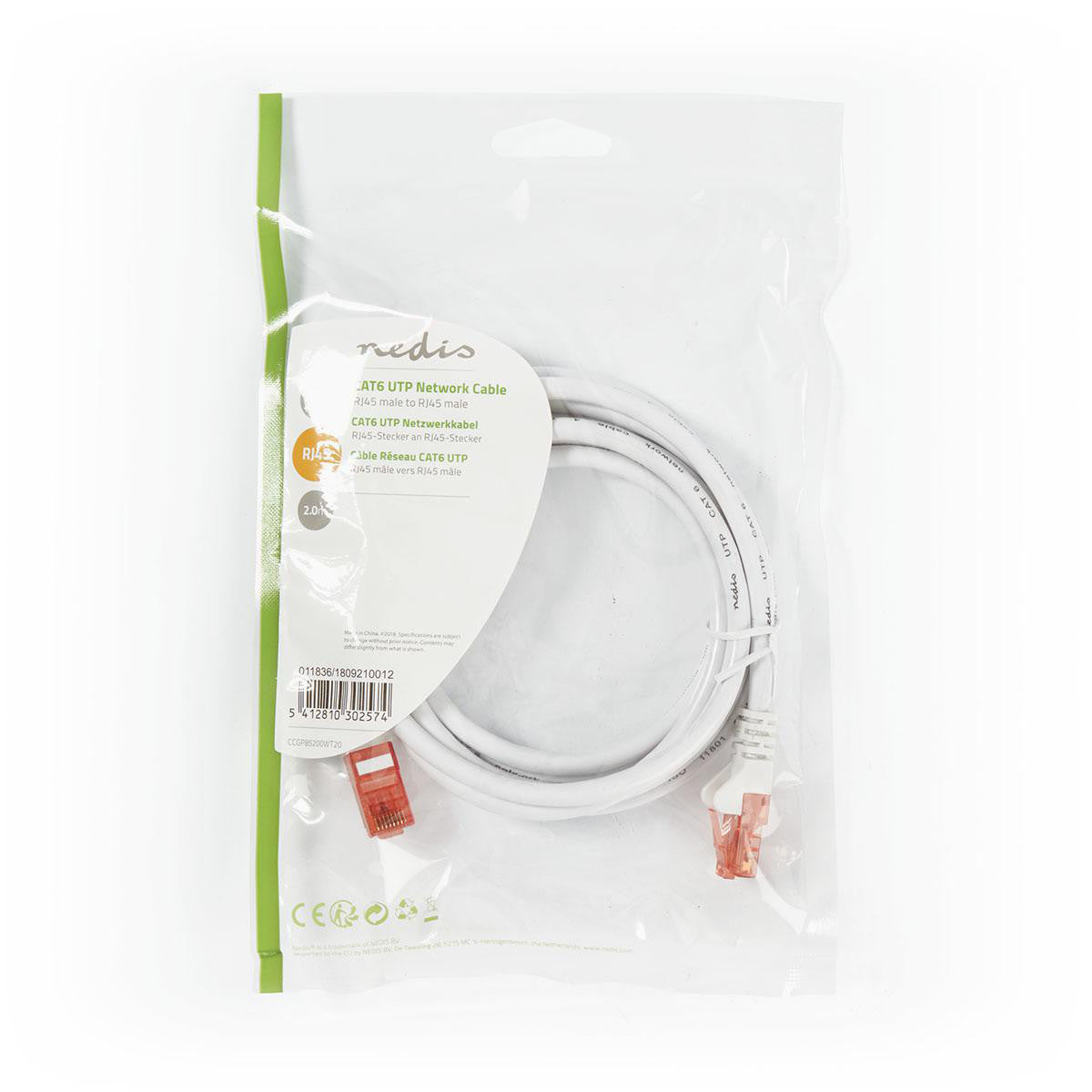Cat6 Cable | Rj45 (8p8c) Male UTP 2.00 m Round White PVC Polybag