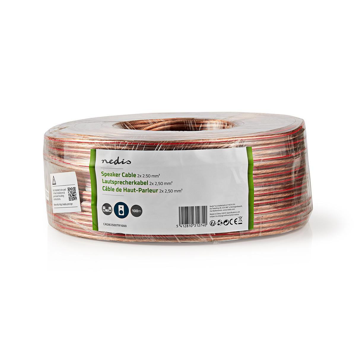 Cable de Altavoz | 2x 2.50 mm² CCA 100.0 m Redondo PVC Transparente