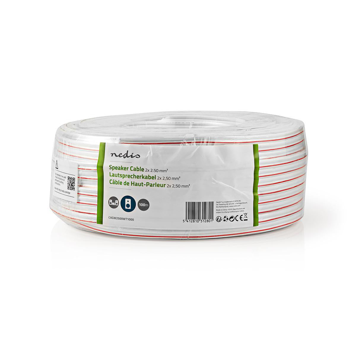 Cable de Altavoz | 2x 2.50 mm² CCA 100.0 m Redondo PVC Blanco
