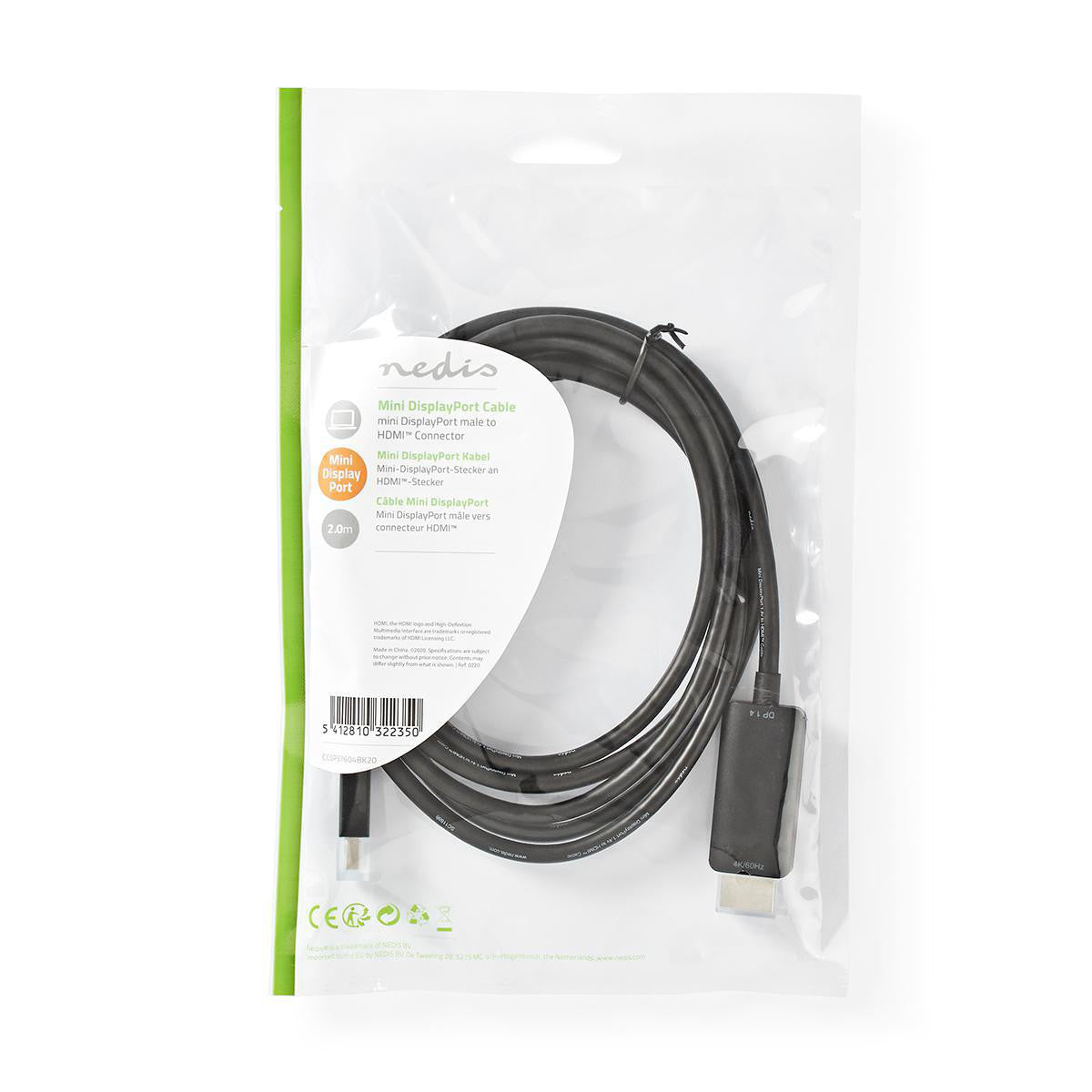 Cable Mini Displayport | 1.4 Macho Conector Hdmi 48 Gbps Niquelado 2.00 m Redondo PVC Negro